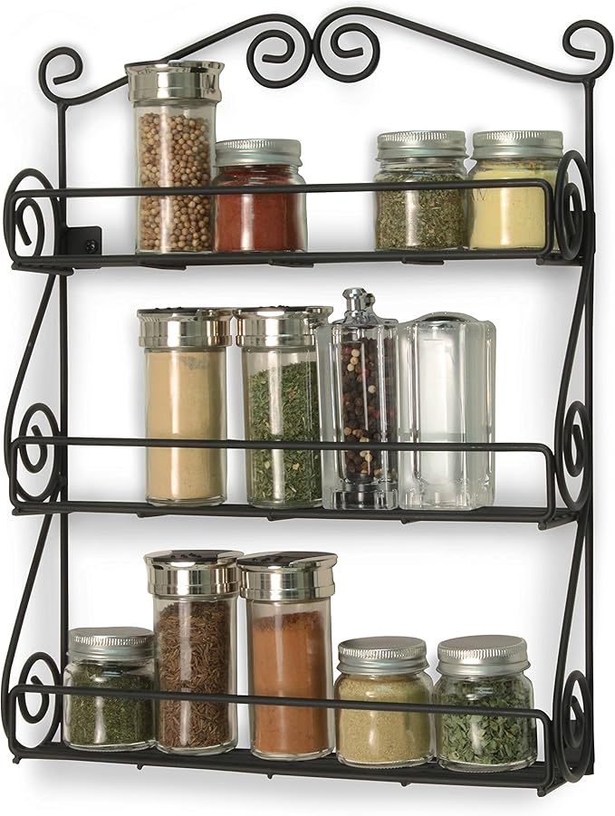 Spectrum Diversified Scroll Wall-Mounted Traditional Spice Rack Organizer for Cabinet & Kitchen, 3-Tier, Beauty & Nail Polish, 43710