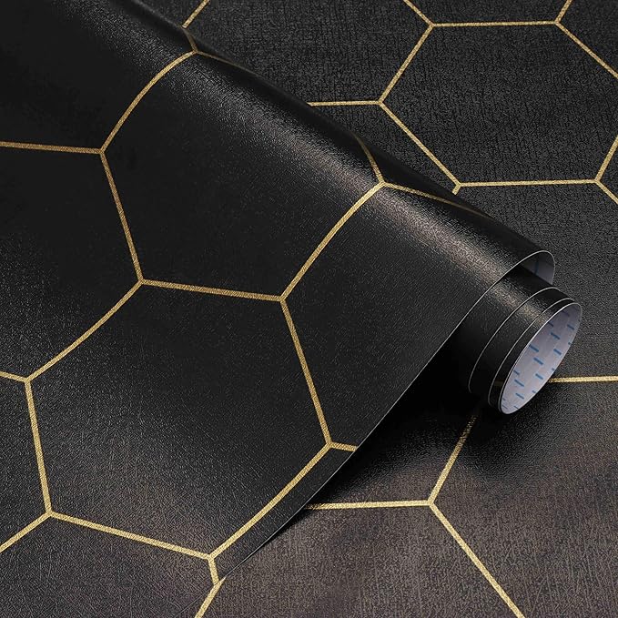 Black Geometric Wallpape Peel and Stick Wallpaper Gold and Black Contact Paper 17.3”×393”Decorative Shelf Draw er Liner Roll Waterproof