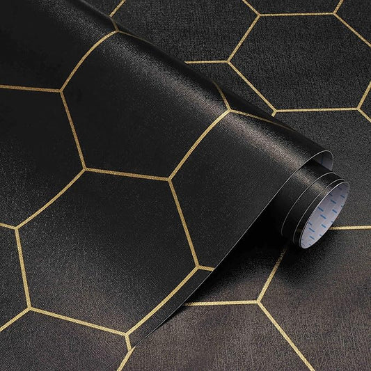 Black Geometric Wallpape Peel and Stick Wallpaper Gold and Black Contact Paper 17.3”×393”Decorative Shelf Draw er Liner Roll Waterproof