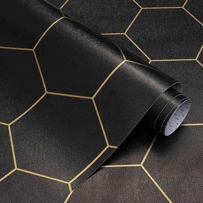 Black Geometric Wallpape Peel and Stick Wallpaper Gold and Black Contact Paper 17.3”×197”Decorative Shelf Drawer Liner Roll Waterproof