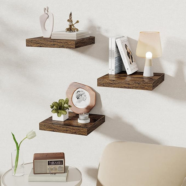 Fun Memories 12 Inch Square Floating Shelves 3 Pack - Wall Shelves with Invisible Brackets, Small Floating Shelves for Wall, Brown Wood Shelves for Bathroom, Living Room, Bedroom, and Kitchen Decor
