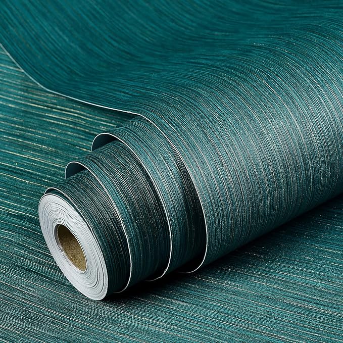 Haimin Grasscloth Wallpaper Textured 24in X 393in Fabric Contact Paper Teal Green Wall Paper Textured Linen Wallpaper Peel and Stick Self-Adhesive Teal Thick Vinyl Embossed Film (Green)