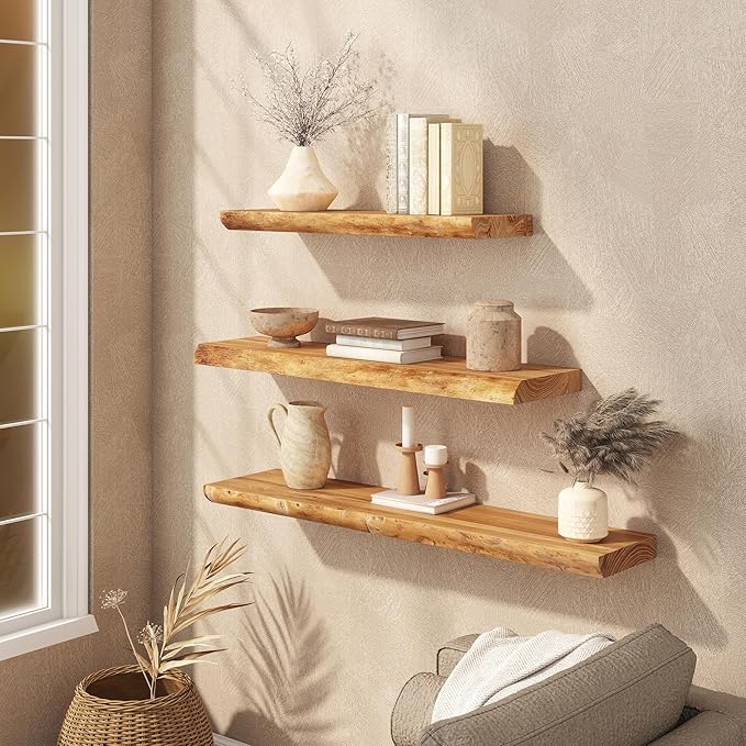 Live Edge Floating Shelf, 40 Inch Rustic Solid Elm Wood - Natural Wood Tone with Invisible Brackets, Wall Mounted for Living Room, Kitchen, Bathroom