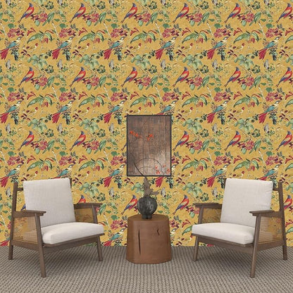 Vintage Floral Bird Wallpaper Peel and Stick,Boho Yellow Contact Paper, Retro Botanical Wall Paper Self Adhesive Removable Waterproof for Bedroom Walls Shelves Cabinet Table Decoration 17.5in x 393in