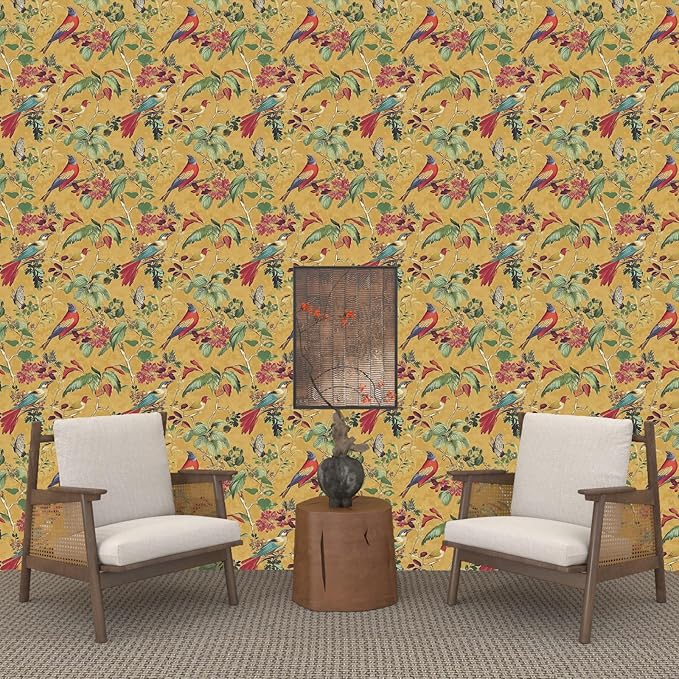 Yellow Boho Wallpaper Peel and Stick,Vintage Floral Bird Contact Paper, Retro Botanical Wall Paper Self Adhesive Removable Waterproof for Bedroom Walls Shelves Cabinet Table Decoration 17.5in x 118in
