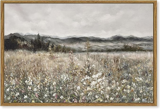 SHENIFY 24x36in Large Vintage Landscape Framed Canvas Wall Art Prairie in Full Bloom Classic Painting Modern Farmhouse Bathroom Office Decor - Natural Framed