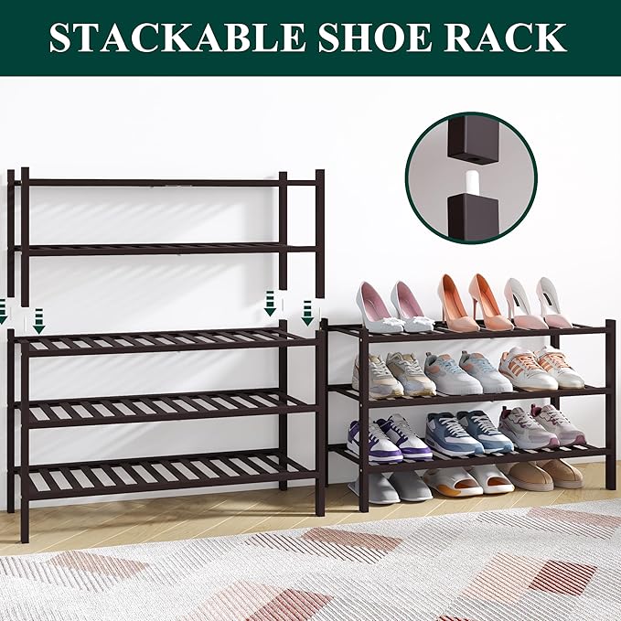Smiry Bamboo Shoe Rack for Closet, 4 Tier Wooden Stackable Shoe Organizer, Free Standing Shoes Storage Shelf for Entryway, Front Door Entrance, Brown