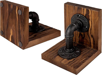 MyGift Book Ends, Decorative Bookends, Heavy Duty Book Holders for Shelves, Rustic Wood with Realistic Industrial Pipe Design,Unique Ideas for Father's Day, Christmas
