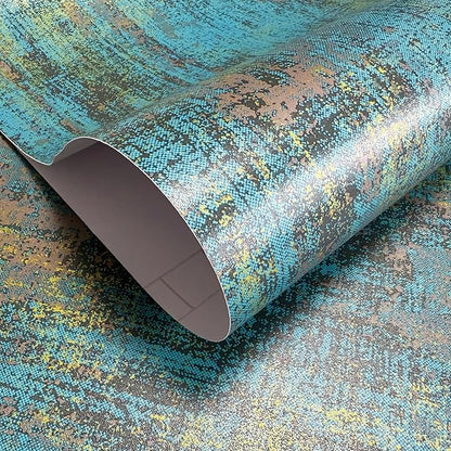 JiffDiff Vintage Metallic Peel and Stick Wallpaper Industrial Metallic Concrete Wall Paper Modern Stick on Wallpaper Self Adhesive Contact Paper(17.3" x 800" Blue Gold)