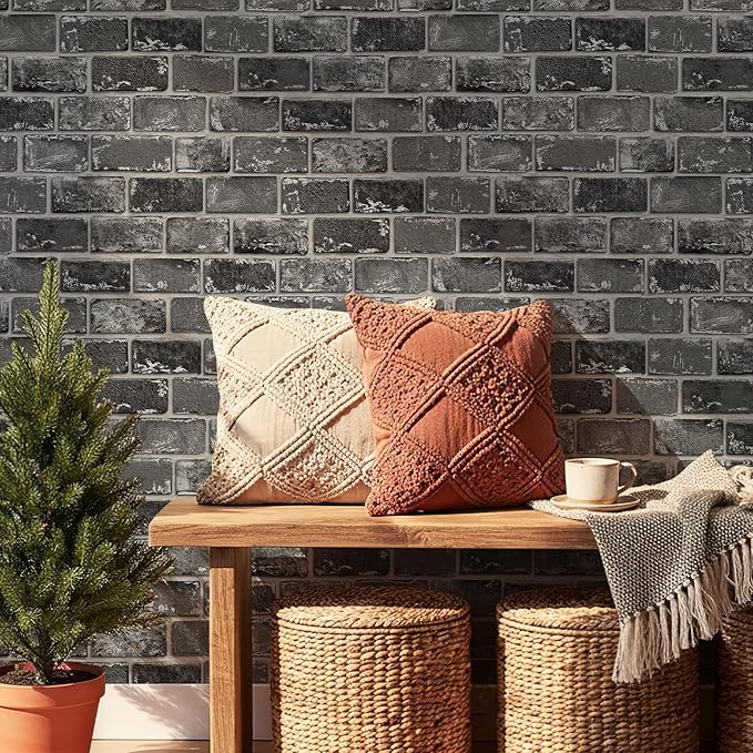 JiffDiff Brick Wallpaper Peel and Stick, Removable Vintage Self Adhesive Wallpaper Renter Friendly Textured Stick on Wallpaper Contact Paper （17.3" x 1200" Black Brick）
