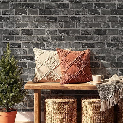 JiffDiff Brick Wallpaper Peel and Stick, Removable Vintage Self Adhesive Wallpaper Renter Friendly Textured Stick on Wallpaper Contact Paper （17.3" x 1200" Black Brick）