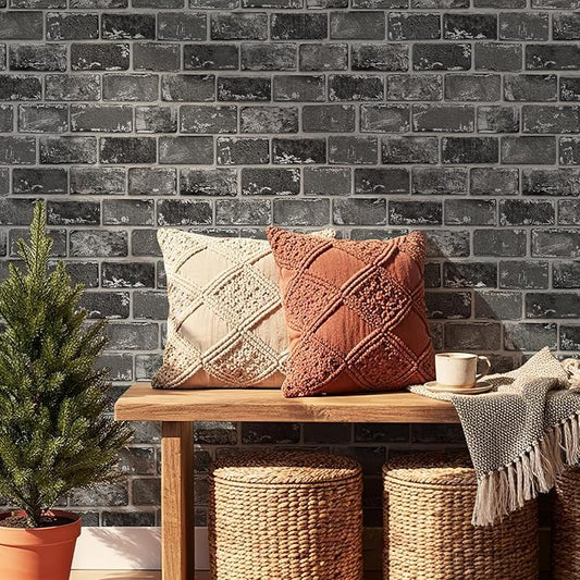 JiffDiff Brick Wallpaper Peel and Stick, Removable Vintage Self Adhesive Wallpaper Renter Friendly Textured Stick on Wallpaper Contact Paper （17.3" x 400" Black Brick）