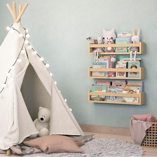NATURE SUPPLIES Set of 3, 23.1 Inches, Natural Wood Floating Shelves for Wall, Kids Bookshelf for Bedroom, Nursery Storage, Decorative Wall Shelves for Kids Rooms
