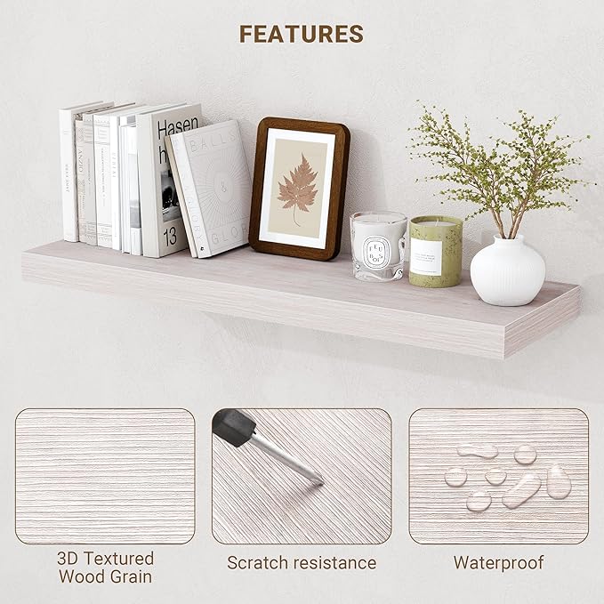 16 Inch Floating Shelves, 3D Textured Wood Grain, 16