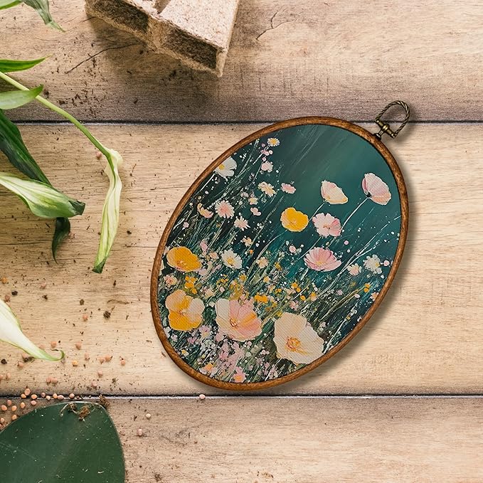 KSDUT Retro Aesthetic Floral Green Wall Art Decor - Botanical Neutral Mid Century Modern Wall Art Canvas Frame Hanging Prints, Vintage Landscape Oval Wall Art Decor for Home Decorations 8.6"x11.4"
