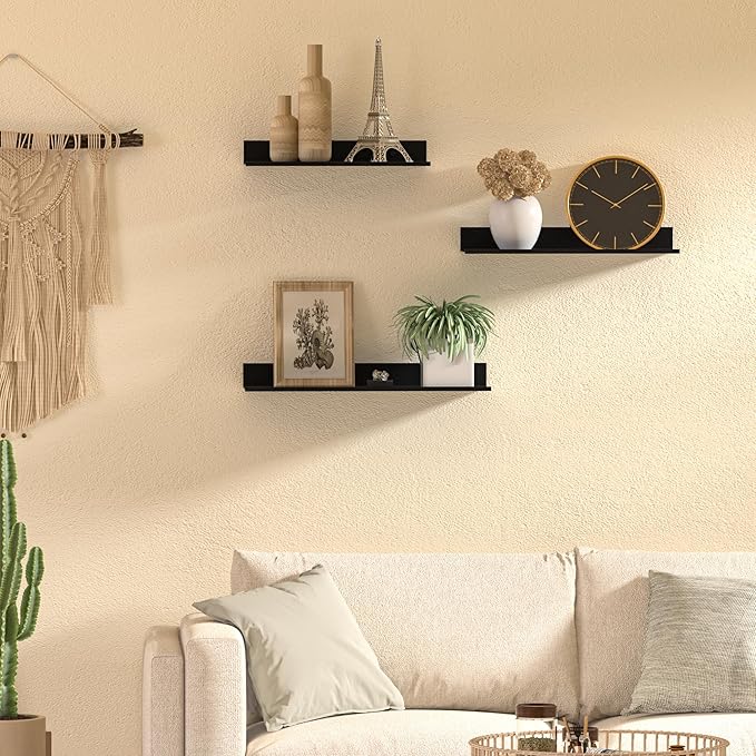 Floating Shelves for Wall Set of 3, Black Metal Wall Shelves for Bathroom 11.8/13.8/15.7 in, Modern Small Adhesive Shelf for Living Room, Bedroom, Office, Kitchen