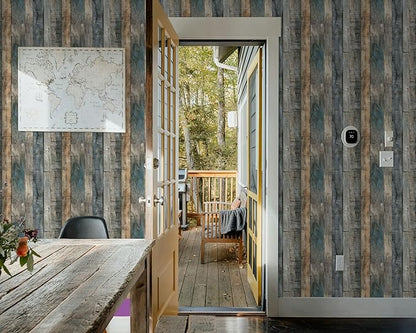 FLFK 16" x 384" Wallpaper Peel and Stick Blue-Gray Wood Contact Paper for Bedroom Kitchen Bathroom