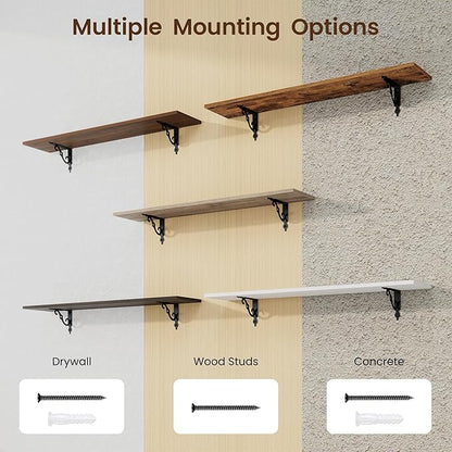 RICHFOCUS Floating Shelves for Wall Decor, 39.4W x 8D Shelves Set of 2, 8 Inch Deep Rustic Wood Shelves Wall Mounted with Brackets, Long Floating Shelves for Living Room Bedroom Kitchen, Rustic Brown