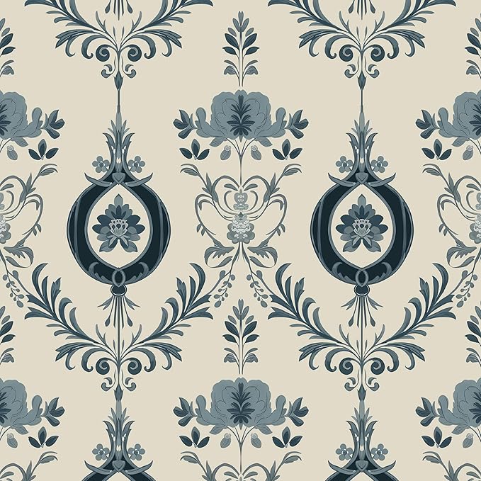 Blue Floral Wallpaper Peel and Stick Vintage Damask Contact Paper 17.5"X118" Vinyl Waterproof Self Adhesive Removable Light Blue Scroll Traditional Style Wall Paper for Bedroom Living Room Cabinets
