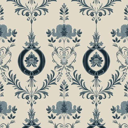 Blue Floral Wallpaper Peel and Stick Vintage Damask Contact Paper 17.5"X118" Vinyl Waterproof Self Adhesive Removable Light Blue Scroll Traditional Style Wall Paper for Bedroom Living Room Cabinets
