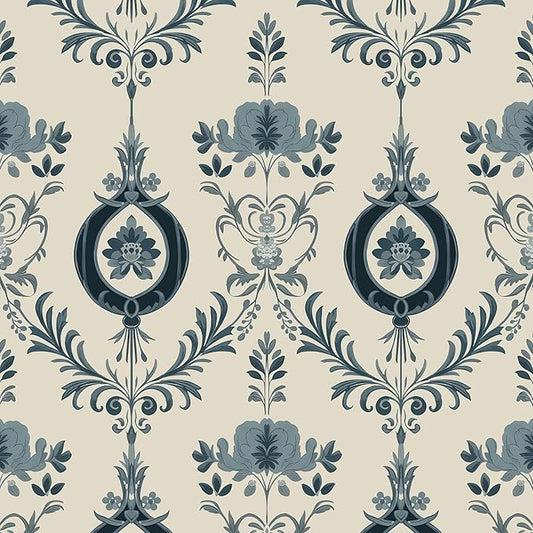 Blue Floral Wallpaper Peel and Stick Vintage Damask Contact Paper 17.5"X118" Vinyl Waterproof Self Adhesive Removable Light Blue Scroll Traditional Style Wall Paper for Bedroom Living Room Cabinets