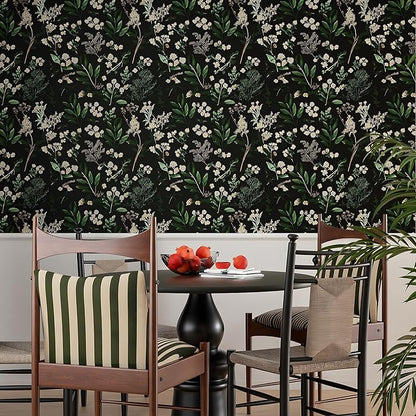 Dark Floral Wallpaper Peel and Stick Green Leaf Wallpaper Vintage Flowers Contact Paper Waterproof Self Adhesive Boho Delicate Wall Paper for Cabinet Kitchen Walls Locker 17.5in x32.8ft