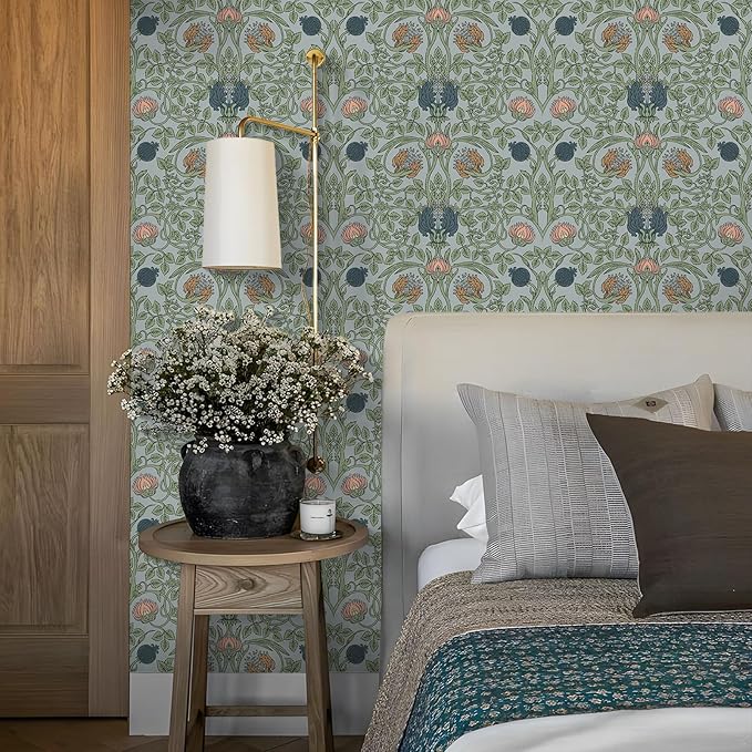 VEELIKE Retro Blue Floral Wallpaper Peel and Stick Vintage Floral Art Deco Wallpaper for Bedroom Bathroom 17.7''x118'' Removable William Morris Wall Paper Prepasted Adhesive Contact Paper for Walls