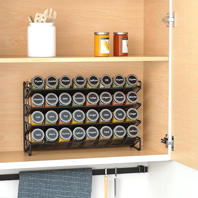 SpaceAid Spice Rack Organizer with 32 Spice Jars, 386 Spice Labels, Chalk Marker and Funnel Set for Cabinet, Countertop, Pantry, Cupboard or Door & Wall Mount - 32 Jars, 15.3