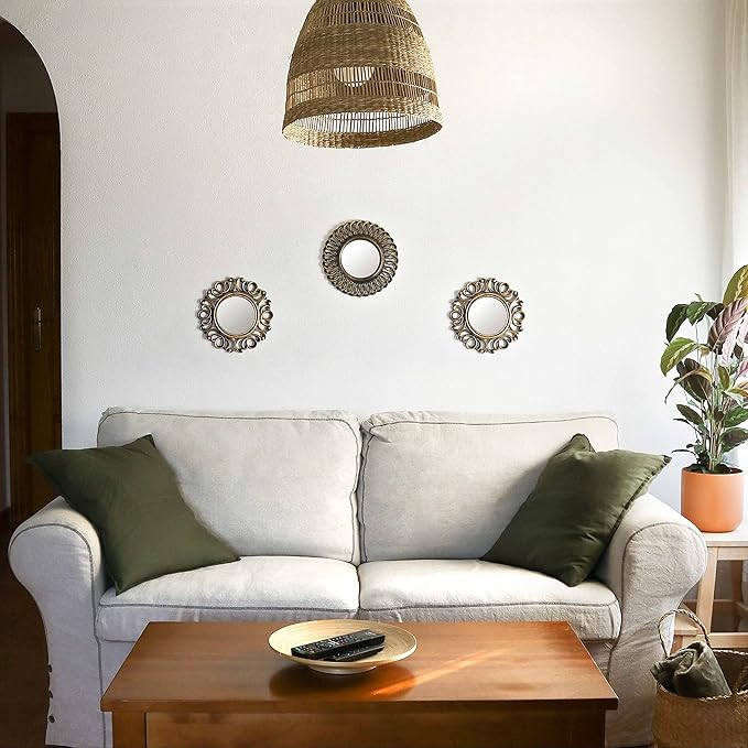 BONNYCO Wall Mirrors Pack of 3, Round Gold Mirrors for Home Decor Bedroom and Living Room. Espejos Decorativos de Pared Sala Dormitorio, Circle Wall Decor Minimalist Vintage Chic. Gifts for Women Mums
