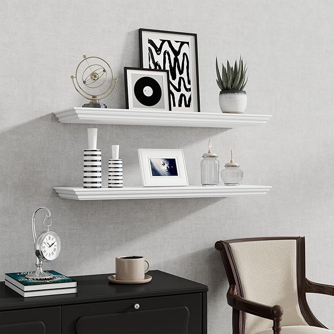 Fun Memories Floating Shelves 32 Inch Long, 9.3 Inch Deep Classic Crown Molding Floating Shelves for Wall, Rustic Wooden Shelves for Wall Decor Bathroom, Kitchen, Office, (White, 2Pack)