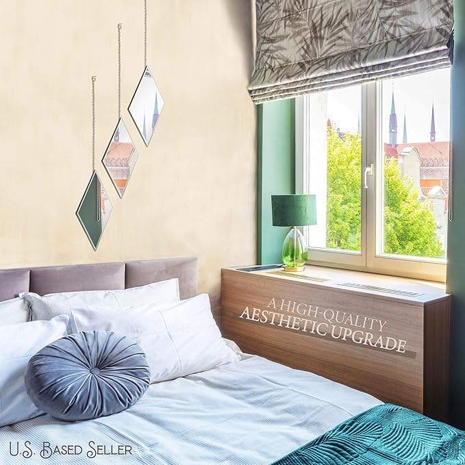 Accent Mirrors - Small Diamond Shape Decorative Mirror Wall Decor 3 Piece Set with Silver Chain