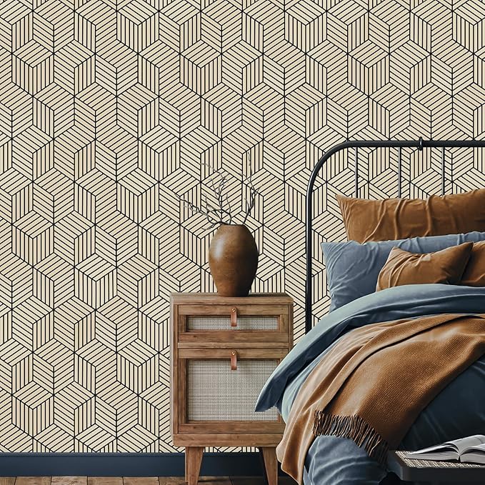 WENMER 17.71 Inchx 394 Inch Geometric Hexagon Wallpaper Contact Paper Peel and Stick Brown and Black Hexagon Removable Self Adhesive Wallpaper Vinyl Film Shelf Paper & Drawer Liner Roll for Home Use