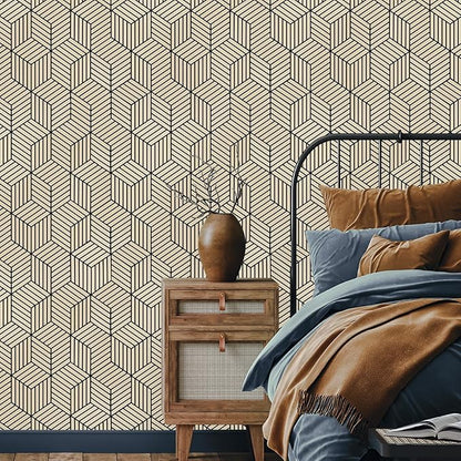 WENMER 17.7" x 590" Geometric Hexagon Peel and Stick Wallpaper - Brown and Black Removable Self-Adhesive Vinyl Film for Home Use