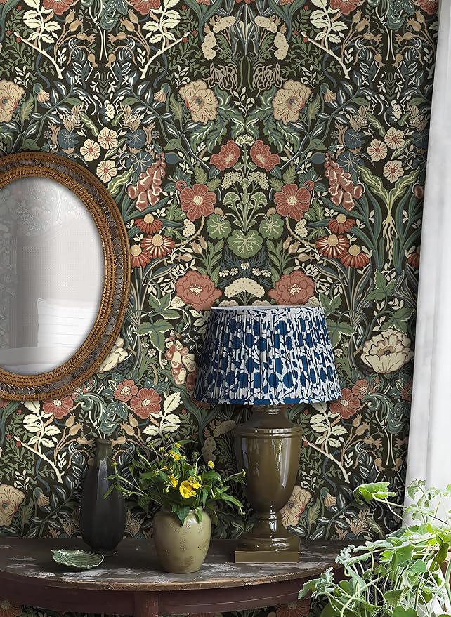 Vintage Wallpaper Peel and Stick Floral Wall Paper Removable Waterproof Green/Black/Yellow Contact Paper for Bedroom, Bathroom, Home Wall 17.3" x 118"