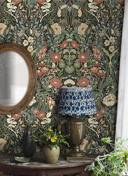 Vintage Wallpaper Peel and Stick Floral Wall Paper Removable Waterproof Green/Black/Yellow Contact Paper for Bedroom, Bathroom, Home Wall 17.3" x 118"
