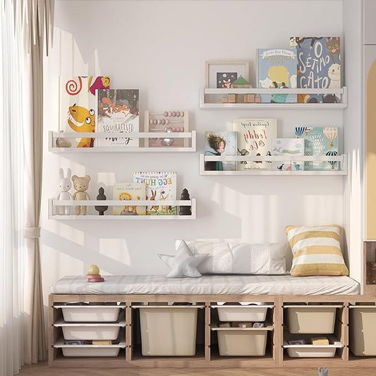 Onlysky Set of 4 Wall-Mounted Kid's Bookshelf - White Floating Nursery Book Shelves - Durable Wood Construction - Ideal for Nursery Decor, Kids Room, Toy Storage