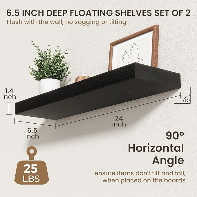 24 Inch Floating Shelves | 6.5 Inch Deep Black Floating Shelves Set of 2 | 24