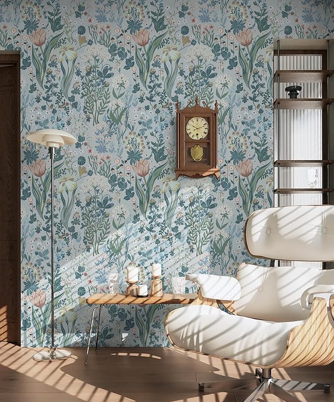 Peel and Stick Wallpaper Vintage Wall Paper Gray Blue Floral Contact Paper Removable Wallpaper 17.3
