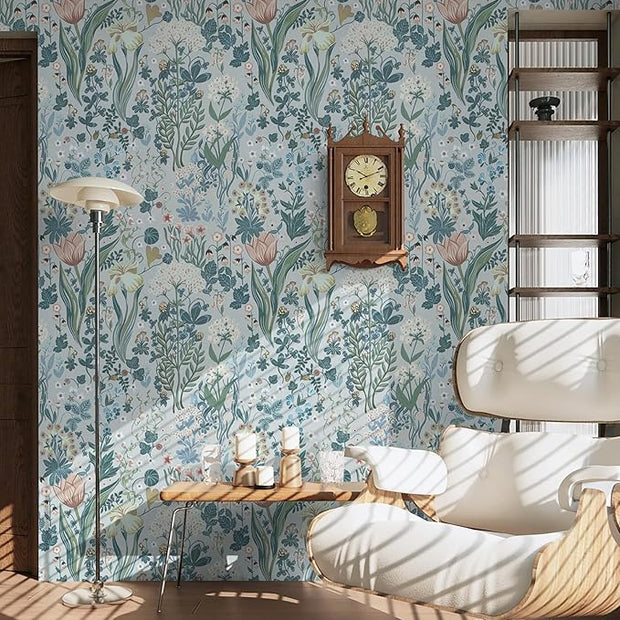 Peel and Stick Wallpaper Vintage Wall Paper Gray Blue Floral Contact Paper Removable Wallpaper 17.3"x393.7" Leaf Flower Self Adhesive for Bedroom Drawer Decor Vinyl Rolls