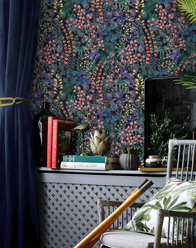 Floral Peel and Stick Wallpaper Boho Wall Paper Removable Waterproof Green/Yellow/Orange Contact Paper for Bedroom, Bathroom,Cabinet,Kitchen,Home Wall 17.3“ x 118”