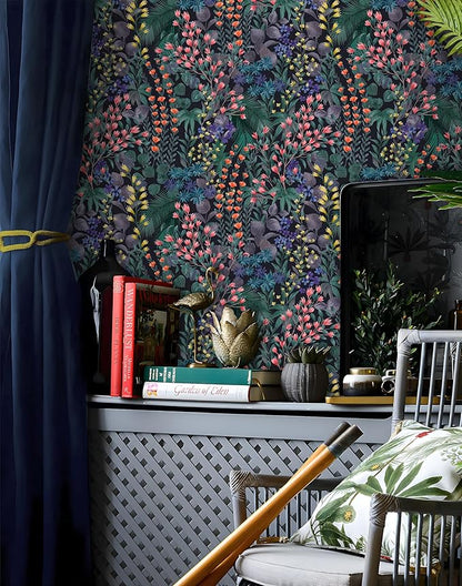 Floral Peel and Stick Wallpaper Boho Wall Paper Removable Waterproof Green/Yellow/Orange Contact Paper for Bedroom, Bathroom,Cabinet,Kitchen,Home Wall 17.3“ x 118”