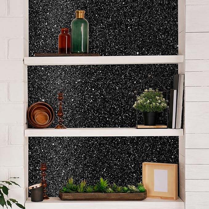 CHIHUT Black Glitter Contact Paper 15.7''x236'' Self Adhesive Black Glitter Wallpaper Roll Removable Glitter Fabric Wall Paper Sparkle Peel and Stick Wallpaper Decorative for Bedroom Accent Walls