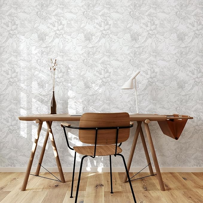 Ismoon Large Floral Peel and Stick Wallpaper Boho White/Grey Contact Paper 17.3inx16.3ft Removable Self Adhesive Bedroom Cabinet Mural Wall Decor Vinyl Roll