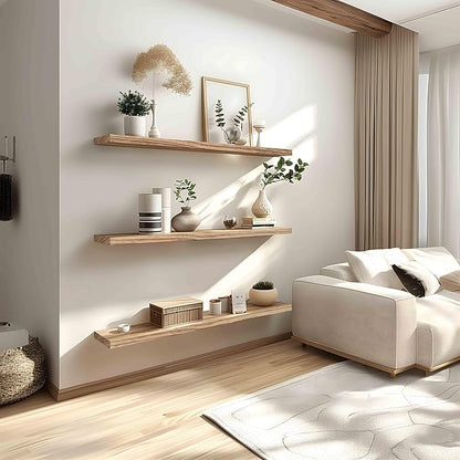 PHPH 48 Inch Wood Floating Shelves for Wall, Wooden Wall Shelves for Bedroom, Set of 4 Light Brown