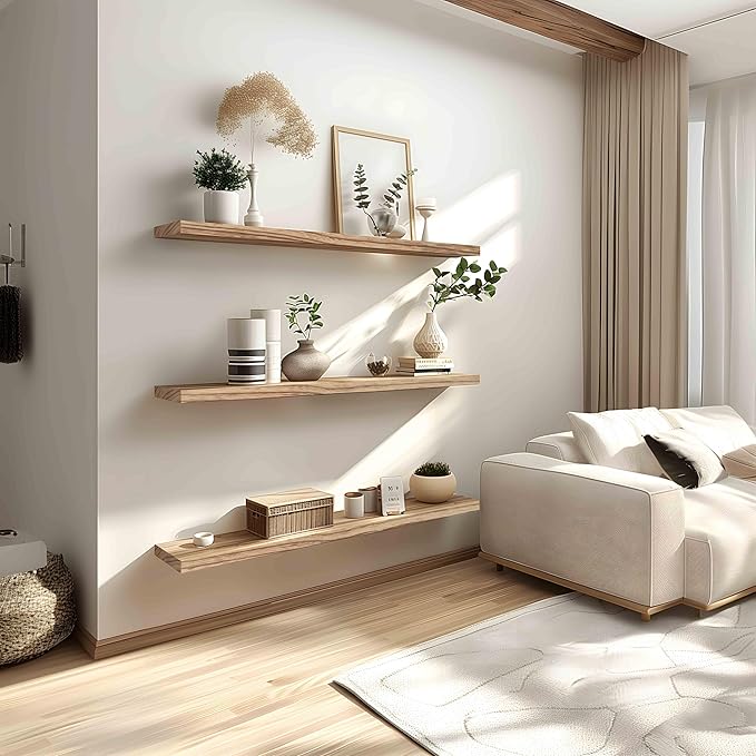 PHPH 48 Inch Wood Floating Shelves for Wall, Wooden Wall Shelves for Bedroom, Set of 4 Light Brown
