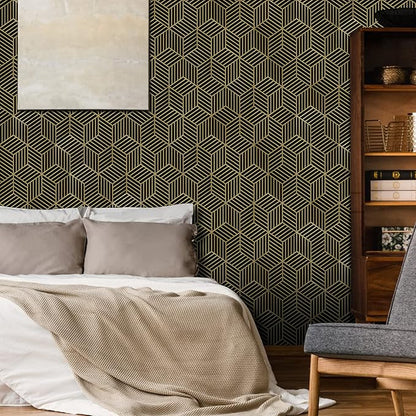 WENMER Black and Gold Geometric Wallpaper, 17.7" x 197" Peel and Stick Removable Wallpaper for Home, Drawer, Shelf, Cabinet, Countertop, Door