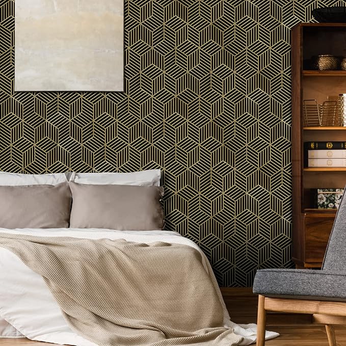 WENMER Black and Gold Geometric Wallpaper, 17.7