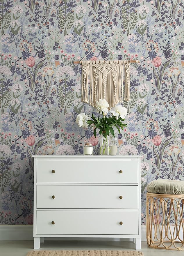 Peel and Stick Wallpaper Vintage Wall Paper Gray/Purple Floral Contact Paper Removable Wallpaper 17.3