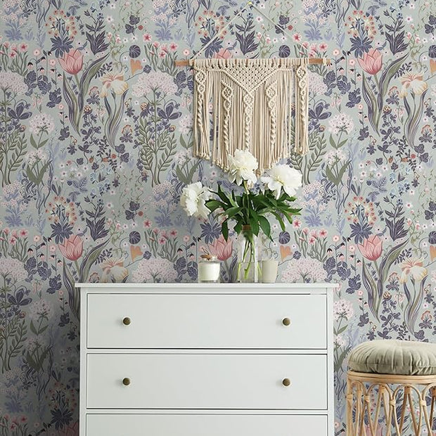 Peel and Stick Wallpaper Vintage Gray Purple Wallpaper Floral Contact Paper Removable 17.3"x78.7" Leaf Flower Self Adhesive for Bedroom Drawer Decor