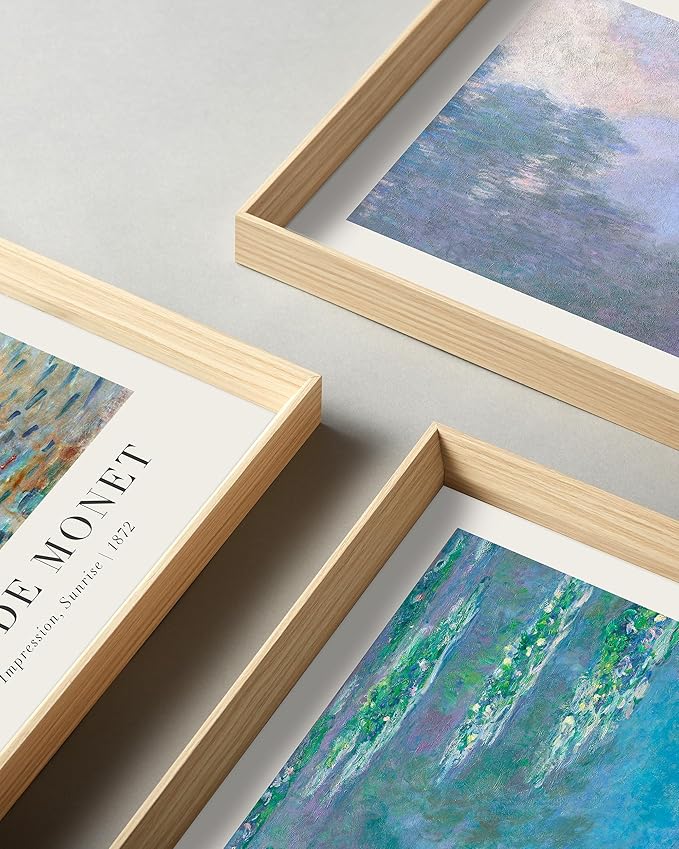 Framed Claude Monet Water Lilies Canvas Wall Art,Vintage Impressionist Botanical Painting,16x12IN High Framed Design Prints,Minimalist Classic Decor Aesthetic for Living Room,Bedroom,Bathroom Set of 3